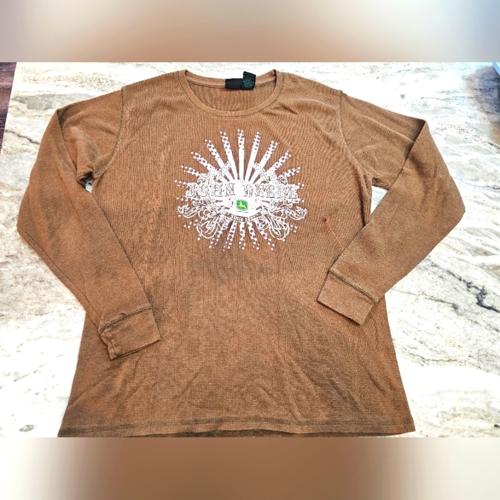 John Deere Women's XL Thermal Graphic Shirt Pink Brown Rhinestone Long Sleeve